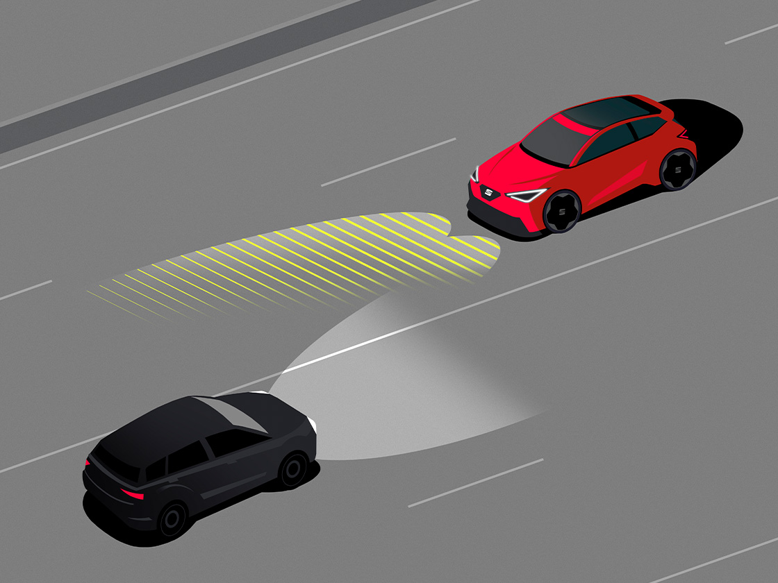 Zwei Autos auf einer Straße bei Nacht. Ein schwarzes Auto sendet einen Lichtkegel nach vorn, während gelbe Linien auf das rote Auto vor ihm projiziert werden. Draufsicht zeigt Fahrbahnmarkierungen und zwei Fahrspuren.