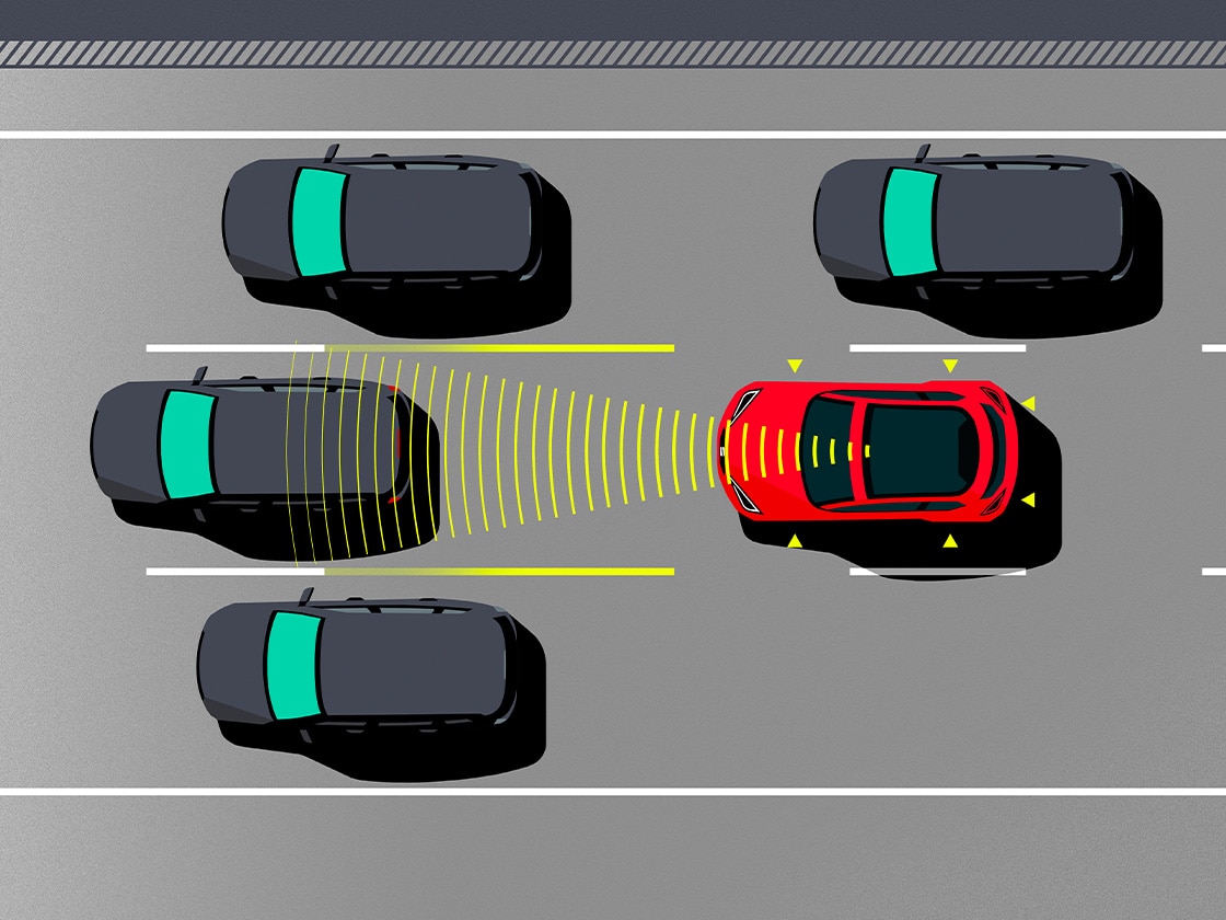 Grafische Darstellung des Stauassistenten mit automatischer Abstandshaltung im dichten Verkehr