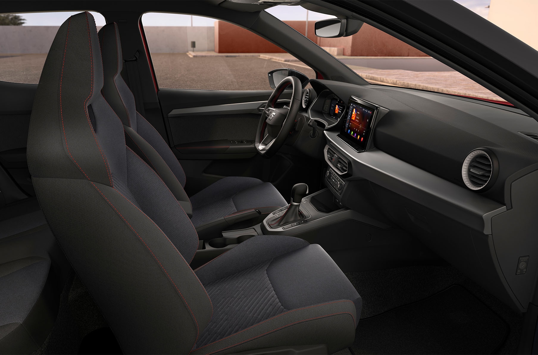SEAT Arona FR Black Edition, Detailansicht der Schalensitzen und grauen Lüftungsdüsen.