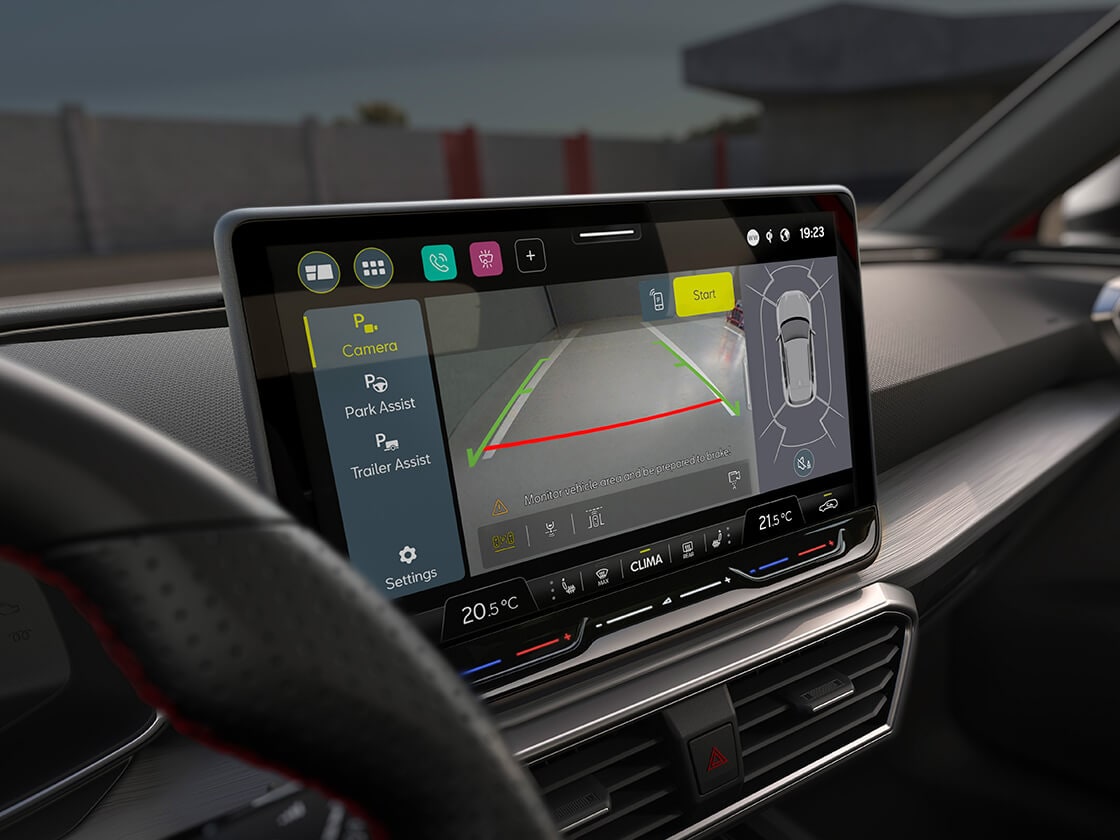 Detailansicht des Parklenkassistenten im SEAT Leon. 