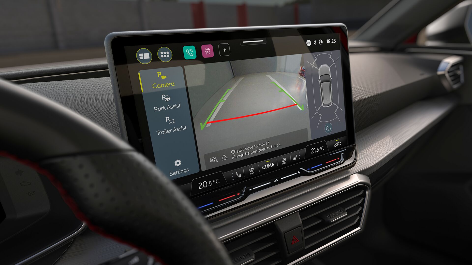 Innenansicht des SEAT Leon Sportstourer mit Komfort-Stoffsitzen, die ein entspanntes und praktisches Fahrerlebnis bieten.