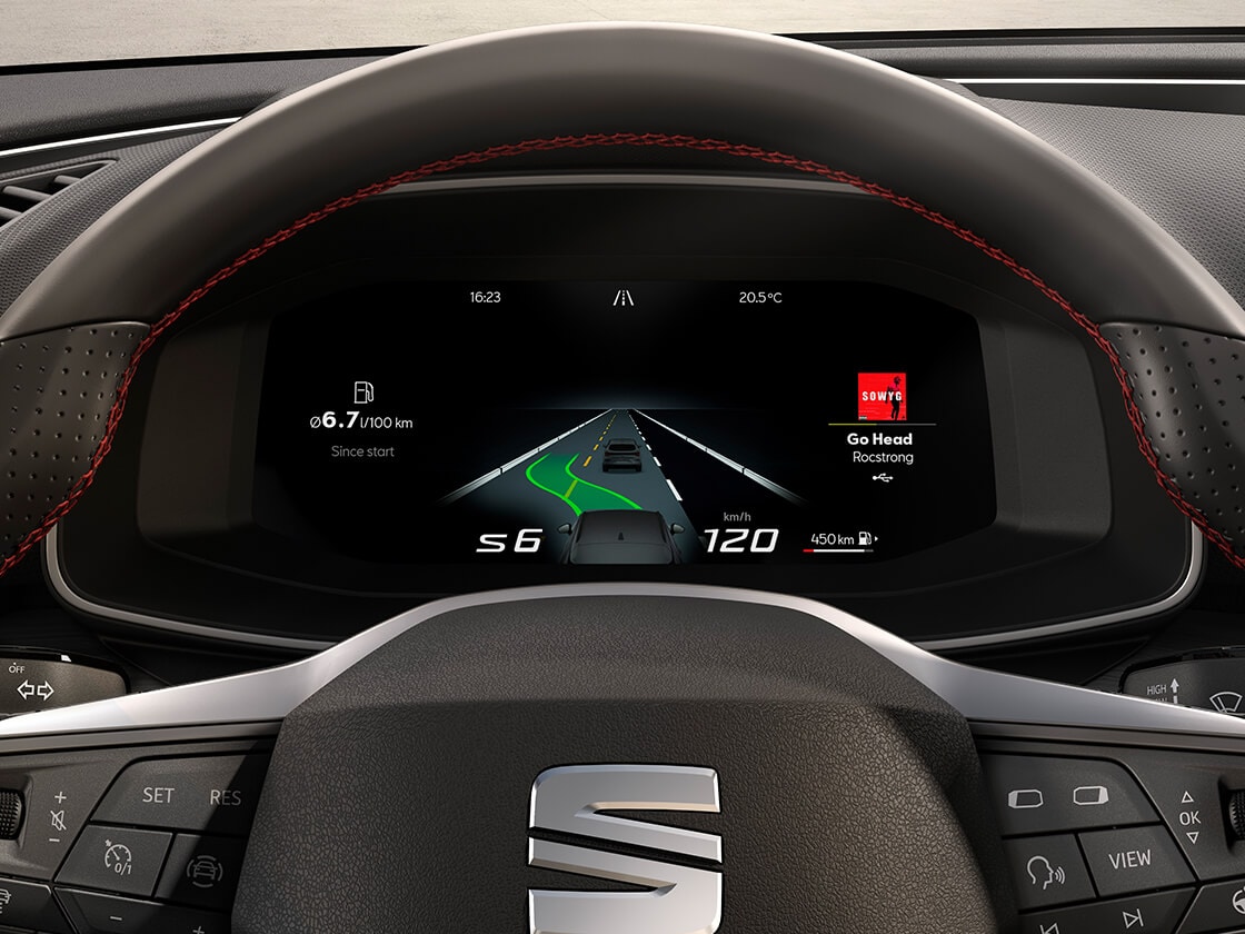Detailaufnahme des Virtual Cockpits des SEAT Leon.