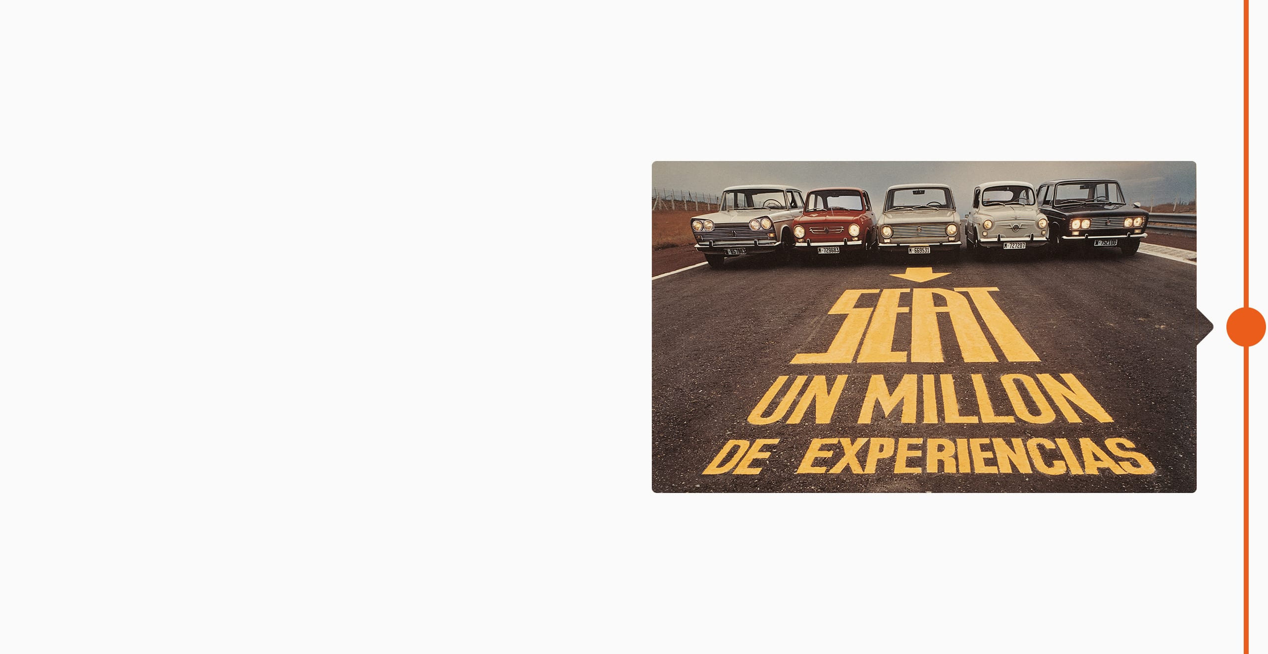 SEAT Markengeschichte 1974 - fünf Oldtimer aufgereiht auf einer Straße eine Million Erlebnisse